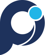 Logo stylisé de la lettre "P" représentant la marque poieo, en bleu foncé avec un cercle bleu clair symbolisant l’innovation et le mouvement créatif.