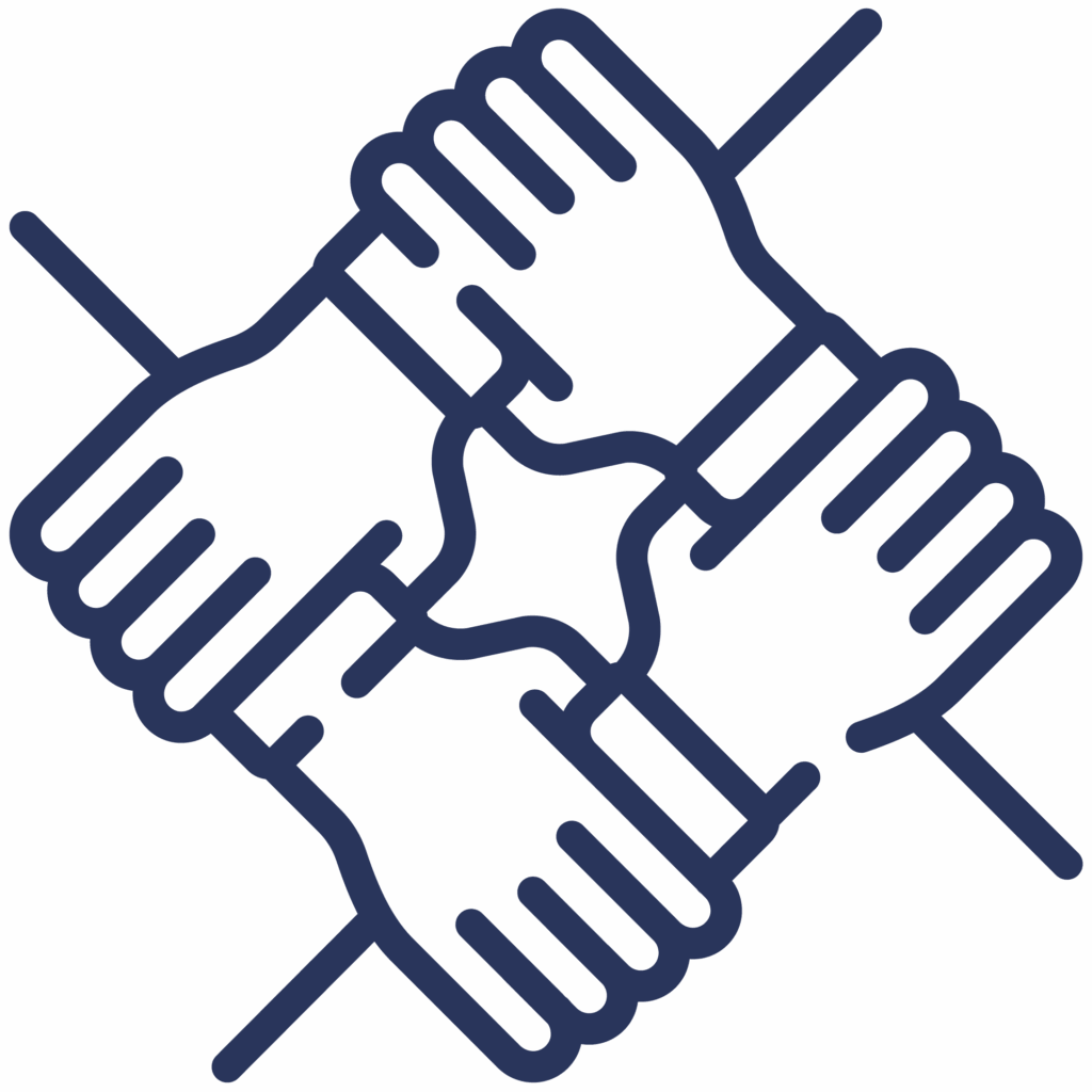 Accueil 15 picto au trait de 4 mains qui se tiennent bleu poieo représentant la collaboration au sein de l'entreprise